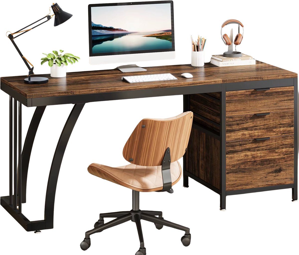 Mura Bureau - Hoekbureau - Laptoptafel - Werktafel - Computerbureau - 3 Omkeerbare Lades - 150 Cm Breed - Houten Blad - Bruin