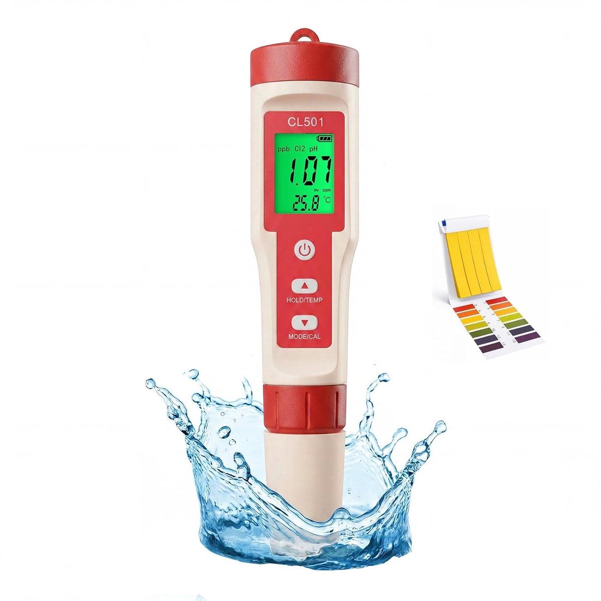pH-chloormeter - Zwart - Digitale Waterkwaliteitstester - 5-in-1 pH-chloor/ORP/H₂/Temperatuurmeter - Voor Drinkwater en Zwembaden