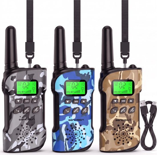 Drie Sencision walkie talkies met camouflage print: grijs, blauw en bruin. Met USB-C kabel.