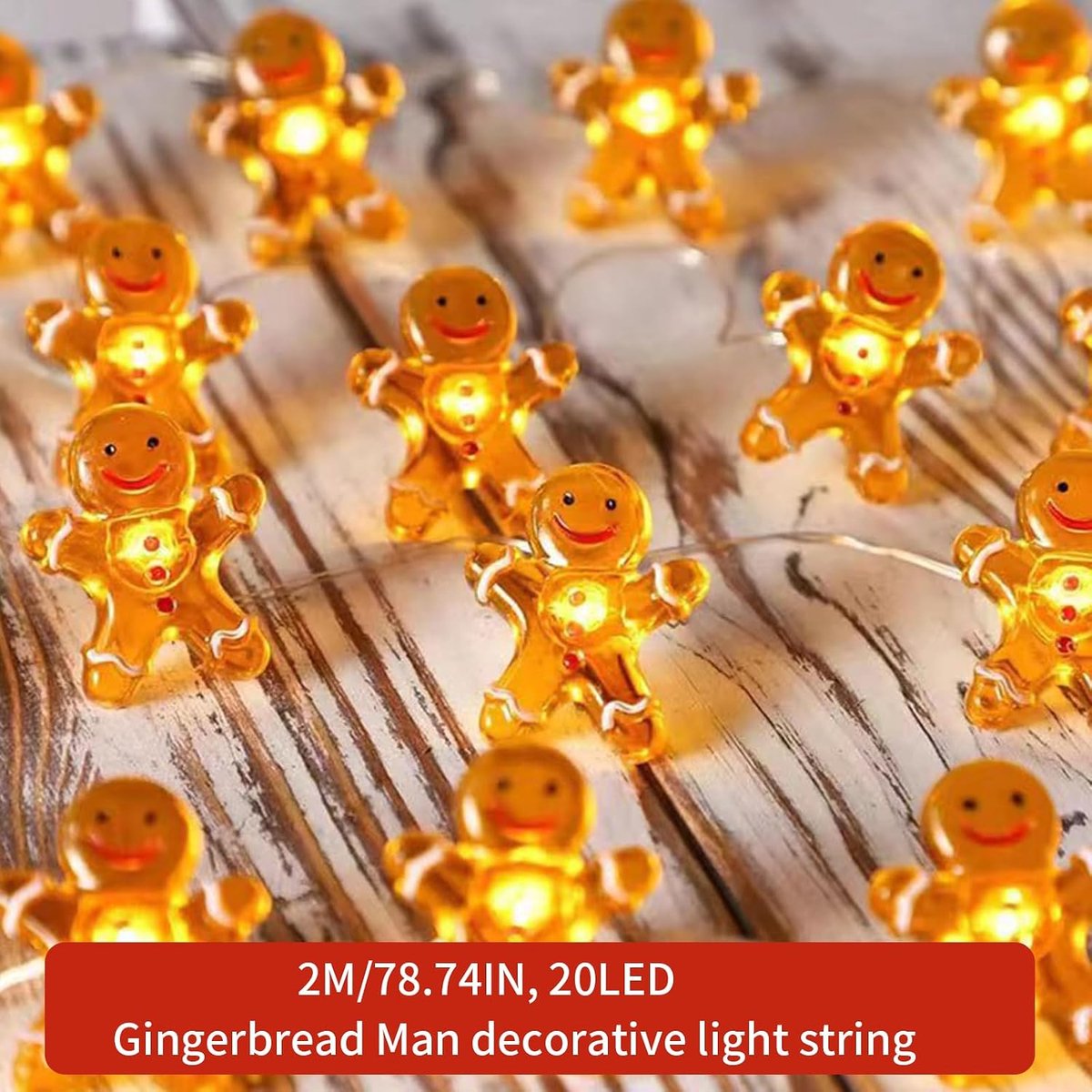 Kerst Lichtslinger 2m 20 LED Kerstlichtjes Kerstman Sneeuwpop Peperkoek Lichtjes Krans Verlichte Kerstdecoraties Werkt op Batterijen voor Kerst Binnen Buiten Decoratie - Peperkoek – foto 2
