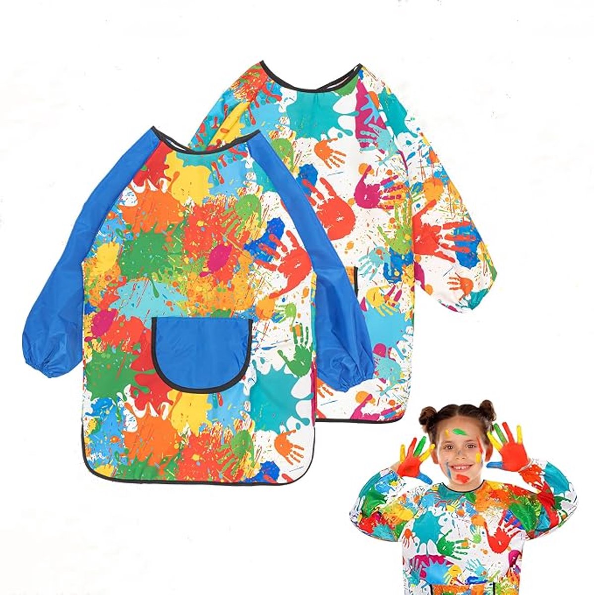 Kinder Tekenschort Set 2 Stuks - voor 9-11jaar meisjes jongens - Kinderschort - Verfschort - Waterafstotend Schort met Mouwen - voor School, Knutselen en Verfactiviteiten