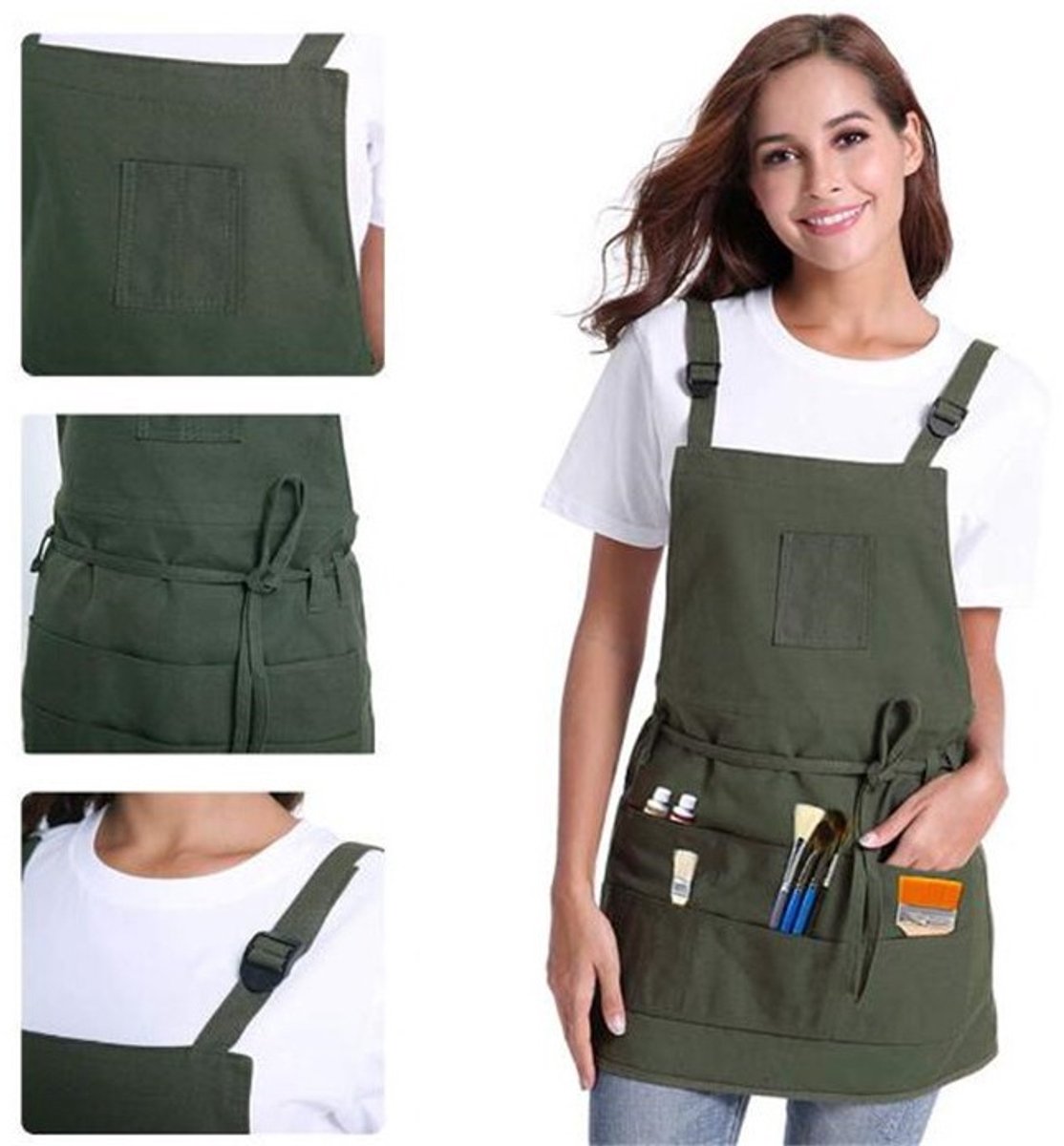 Schort - Keukenschort - keukenschort dames - 1 stuk - keukenschort heren - keukenschort man - verfschort - keukenschorten - Groen - tuinschort - met Zakken - Geschikt voor Barbecue, Restaurant, Tuin