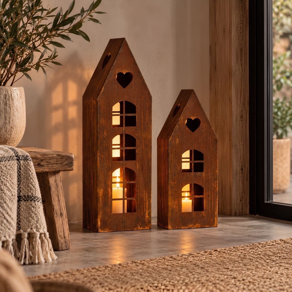 Mica Decorations Lantaarn Huis Roest Set van 2 - Decoratieve Lantaarns in Huisvorm - Sfeervolle Verlichting voor Kaars of LED - Gemaakt van Ijzer - L16,5 x B12 x H48 cm - Roestbruin — cadeau in Wonen & Interieur - foto 6
