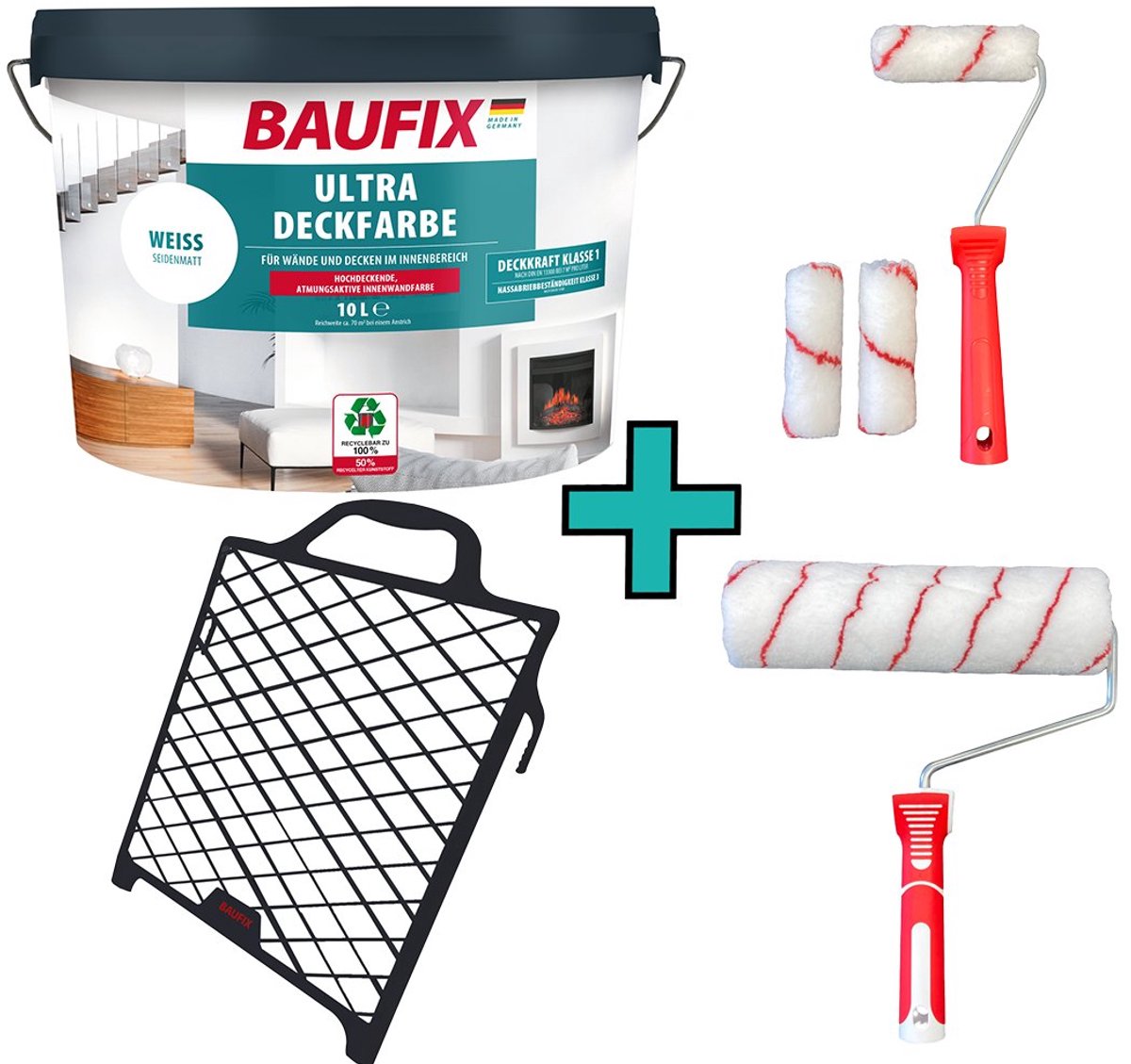 BAUFIX Ultra Dekkende muurverf wit 10 Liter + Muurverfset 1