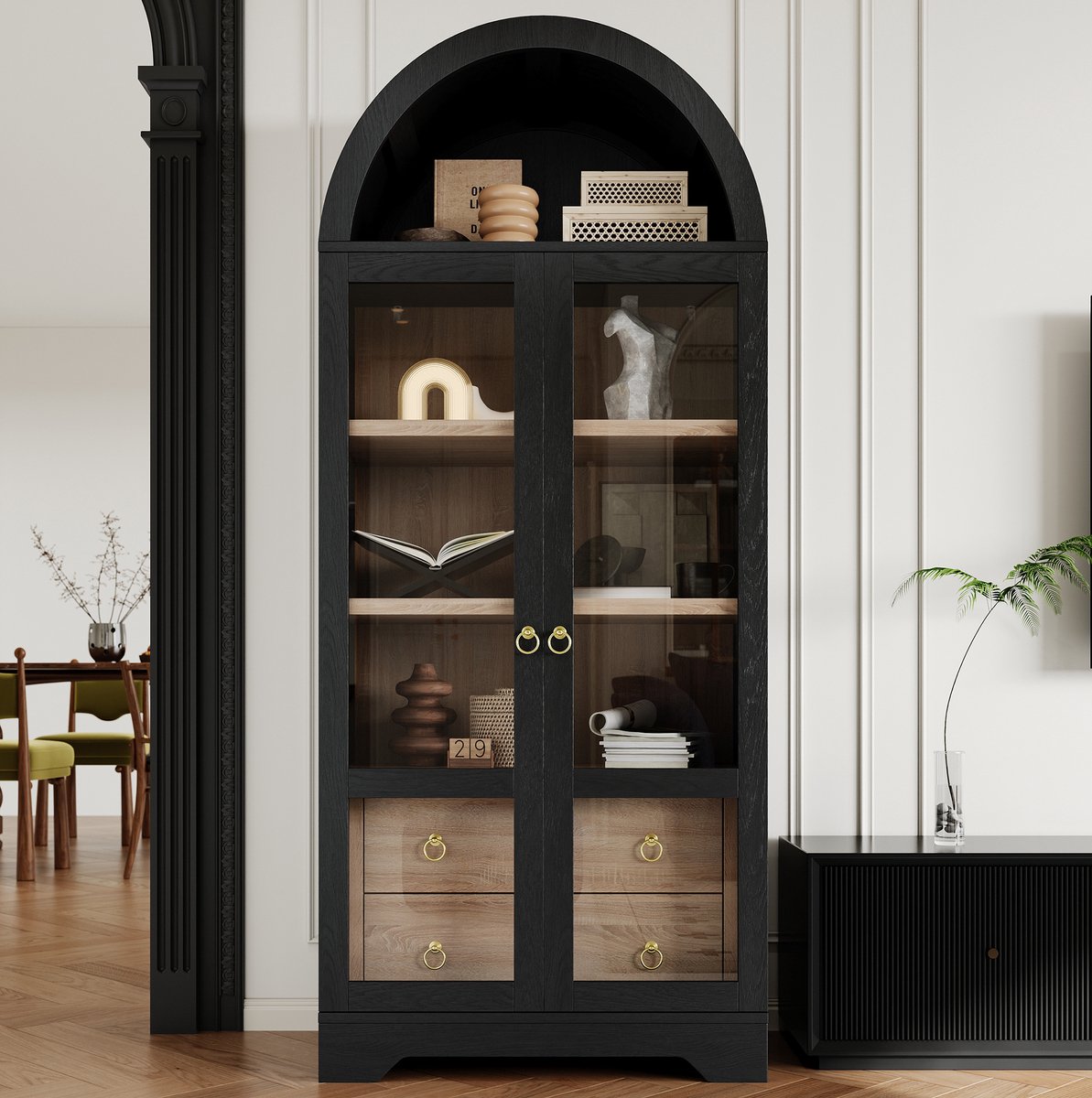 REDOM - Buffetkast - Verstelbare planken - Transparante glazen deuren - Laden - Industriële stijl - MDF en spaanplaat - Zwart - 76,2 x 40,1 x 180 cm