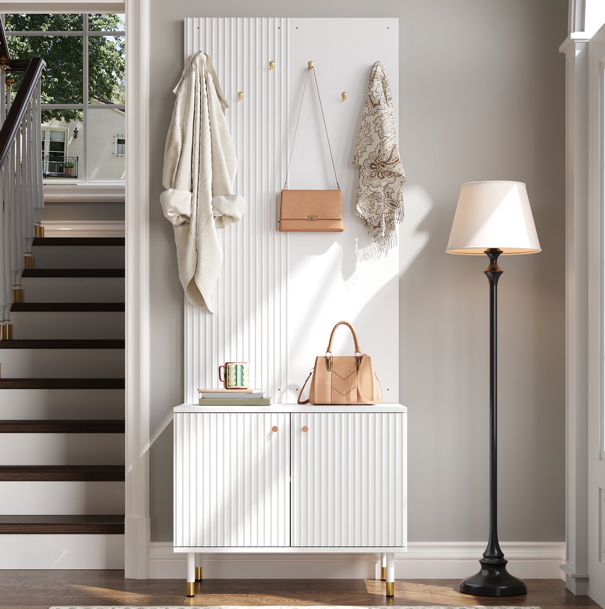 DESMIU Schoenenkast - Garderobe Met 6 Haken En Verstelbare Plank - Voor Hal En Entree - MDF En Spaanplaat - 70x35x180 Cm - Wit