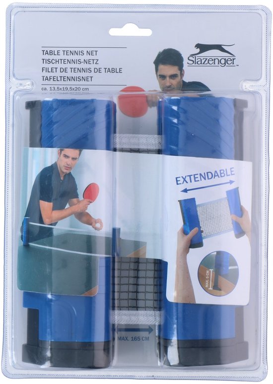 Blauw en zwart uitschuifbaar tafeltennisnet van Slazenger, maximaal 165 cm lang, voor tafels tot 5 cm dik.