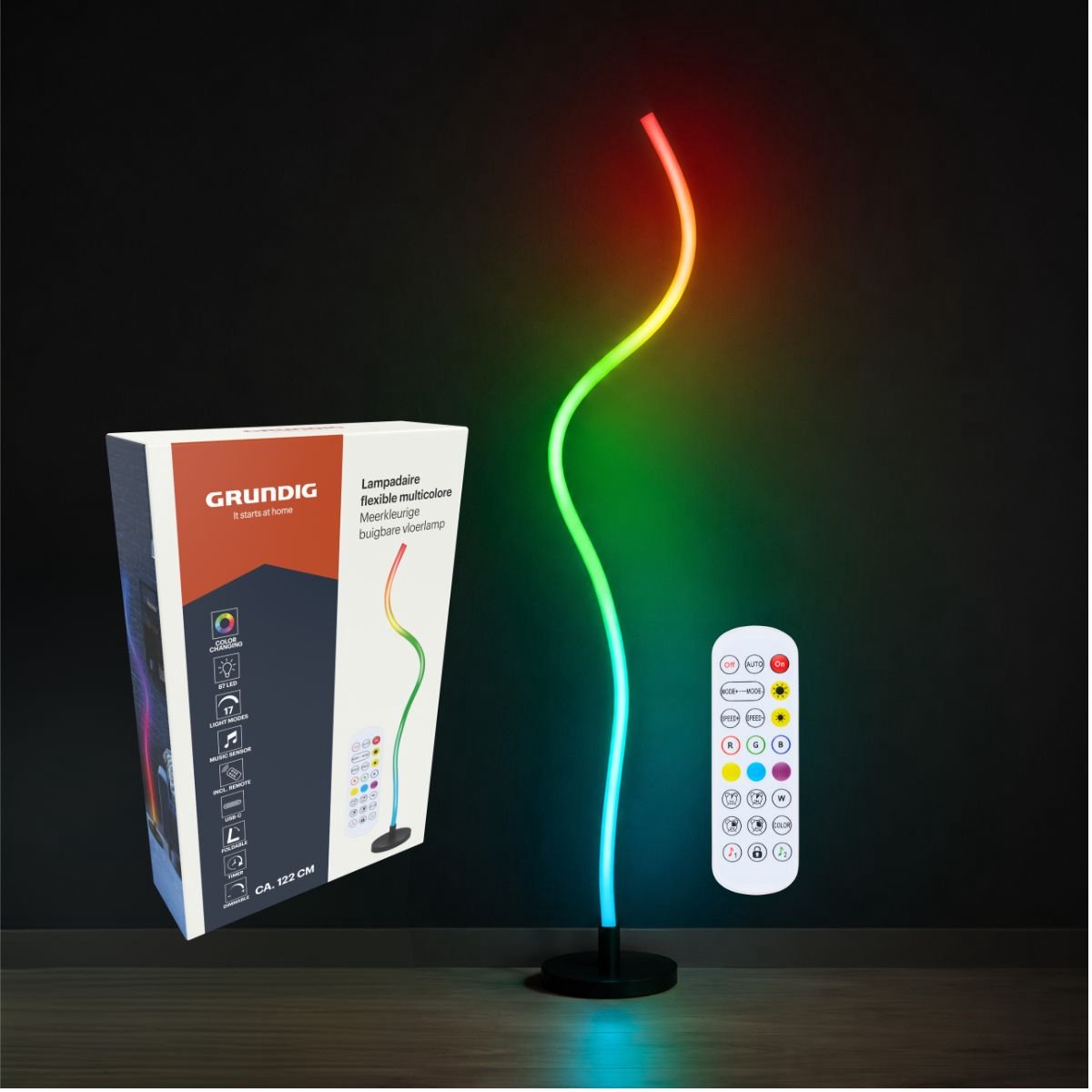 Grundig RGB Vloerlamp Buigbaar - RGB Lamp Staand met 87 LED en 17 Lichtmodi - Hoeklamp LED Staand met Muzieksensor en Afstandsbediening - Dimbaar met Timer - 122 cm