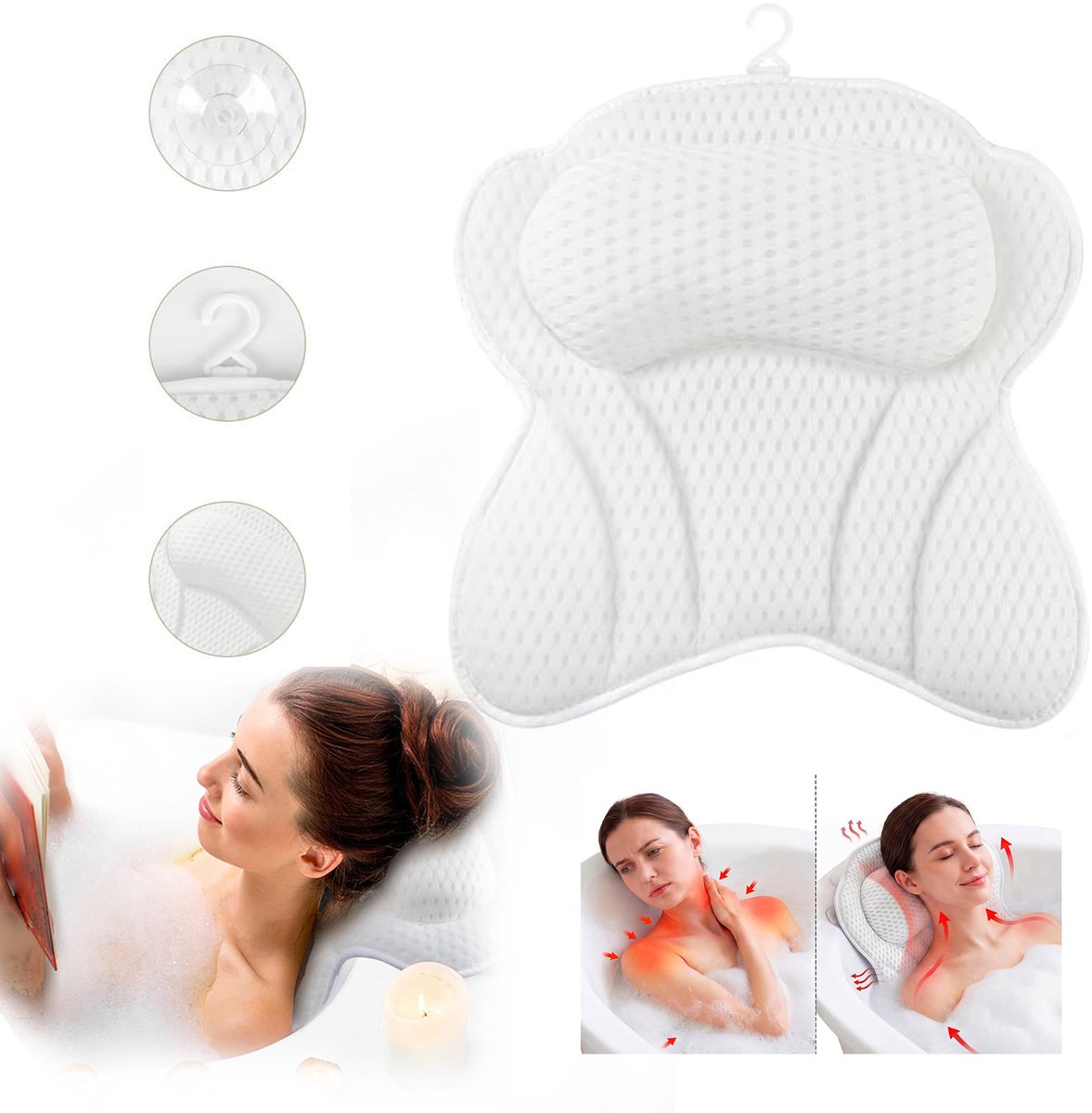 Badkussen, Ergonomisch Badkussen, Met 4d Ademend Mesh, Bad- en Doucheaccessoires.