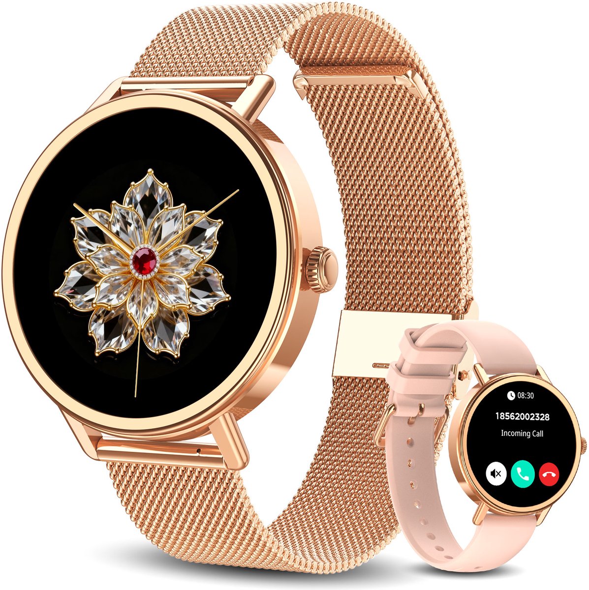 Blackview Smartwatch Dames - X30 - Stappenteller Horloge Dames - Full Touchscreen - AMOLED - Horloge met Bluetooth Belfunctie - 1,26 inch Sporthorloge - Hartslagmeter -Stappenteller - Bloeddrukmeter - Geschikt voor iOS/Android - Rosé Goud