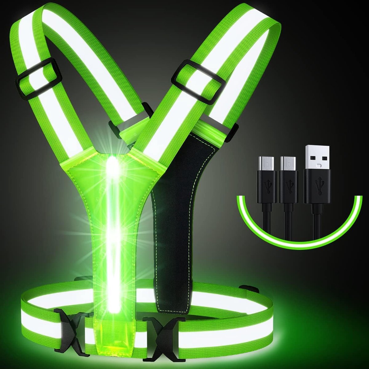 LED reflecterende vest hardloopkleding, USB oplaadbare LED licht op vest hoge zichtbaarheid met verstelbare taille/schouder voor joggen hardlopen fietsen wandelen motorfiets（Groen）