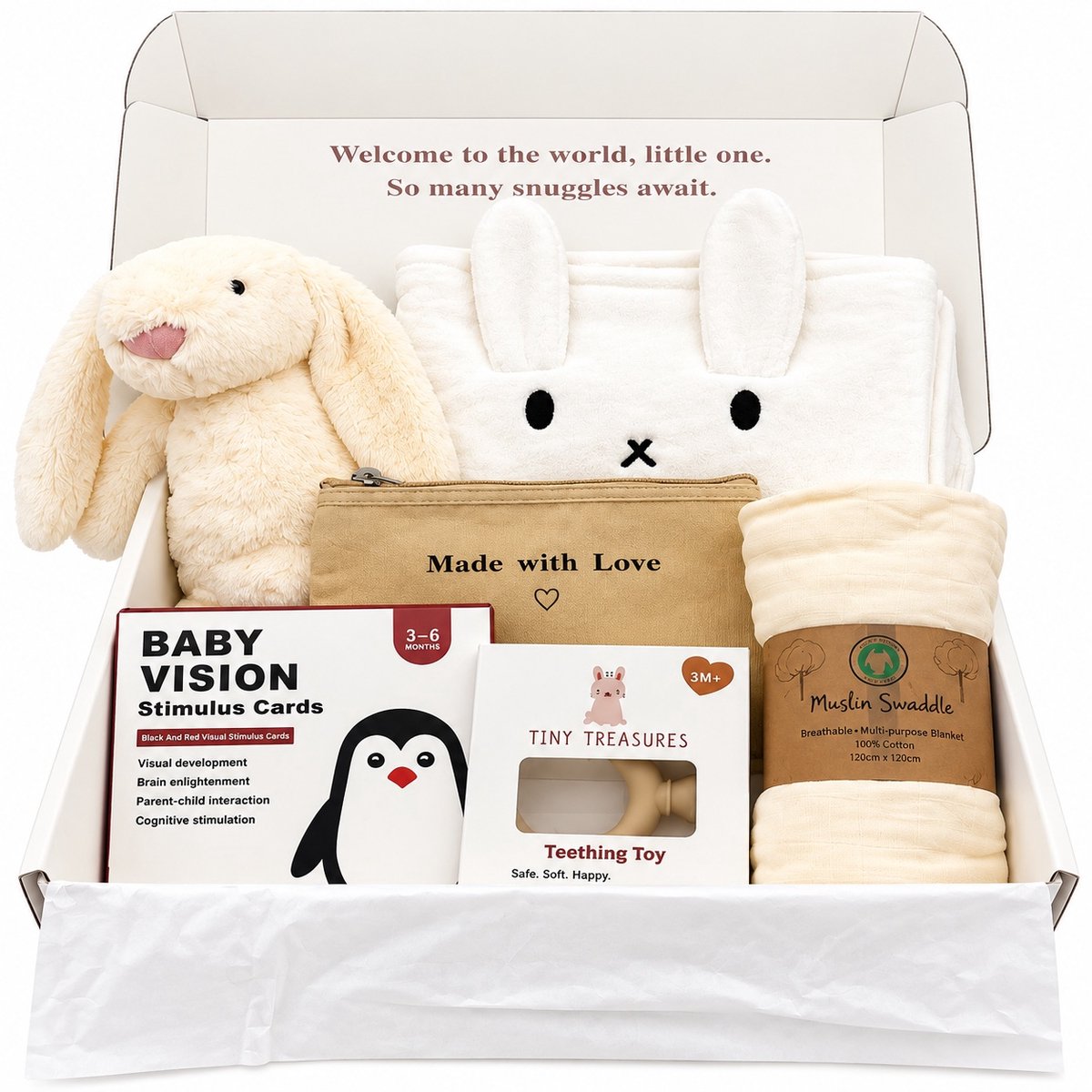 Luxe Kraamcadeau Unisex – Baby Gift Box Beige – Cadeaubox met Knuffel, Hydrofiele Doek, Badcape, Bijtring, Baby Kaarten & Pouch - gender reveal - babyshower - kraamkado