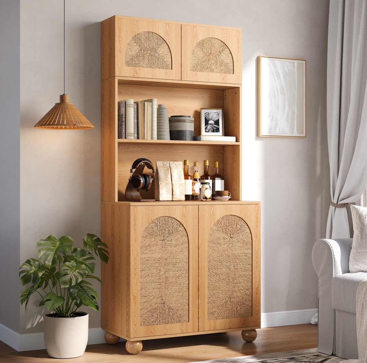 DESMIU Hoge Opbergkast met Vlechtwerkdeuren en Open Presentatievak Drieledige Kast voor Woonkamer en Hal MDF Spaanplaat 80x40x180 cm Naturel