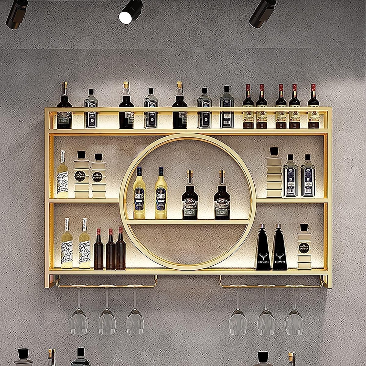 Wandgemonteerd Wijnrek - Goud - 120 x 15 x 80 cm - Duurzaam IJzeren Rek - Voor Thuis en Commerciële Ruimtes