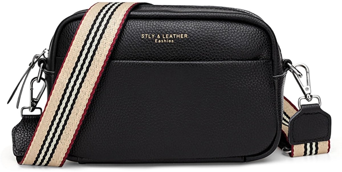 Elzusha - Crossbody Tas - Lederen Schoudertas met Brede Riempje - Zwart