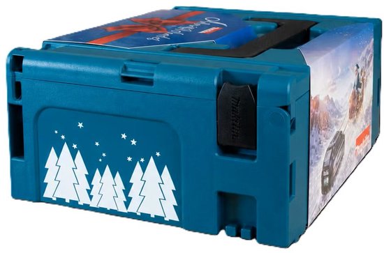 Blauwe Makita opbergkoffer met kerstafbeelding op de wikkel en sneeuwvlokdecoratie op de zijkant.