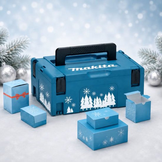 Blauwe Makita opbergkoffer met kerstboom- en sneeuwvlokdecoratie, omringd door kleine blauwe cadeaudozen.