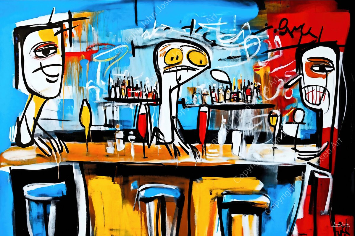 John Joseb Art (Aluminium) 60x40 | Mensen aan de bar in kroeg, cafe, man, vrouw, glazen, flessen, abstract, kunst, Herman Brood stijl, kleurrijk, rood, geel, blauw, modern | foto-schilderij op dibond, metaal wanddecoratie
