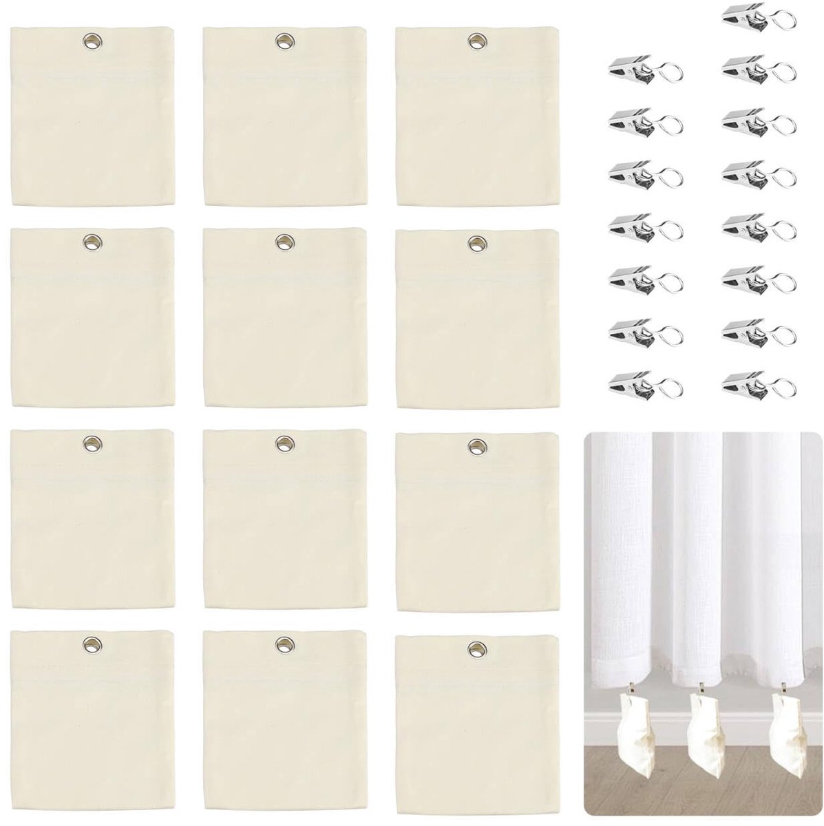 12-delige set Gewichtszakken - Met RVS clips - Voor paviljoen, buitengordijnen en cabana - Tegen sterke wind - Beige - 12.5 x 15 cm