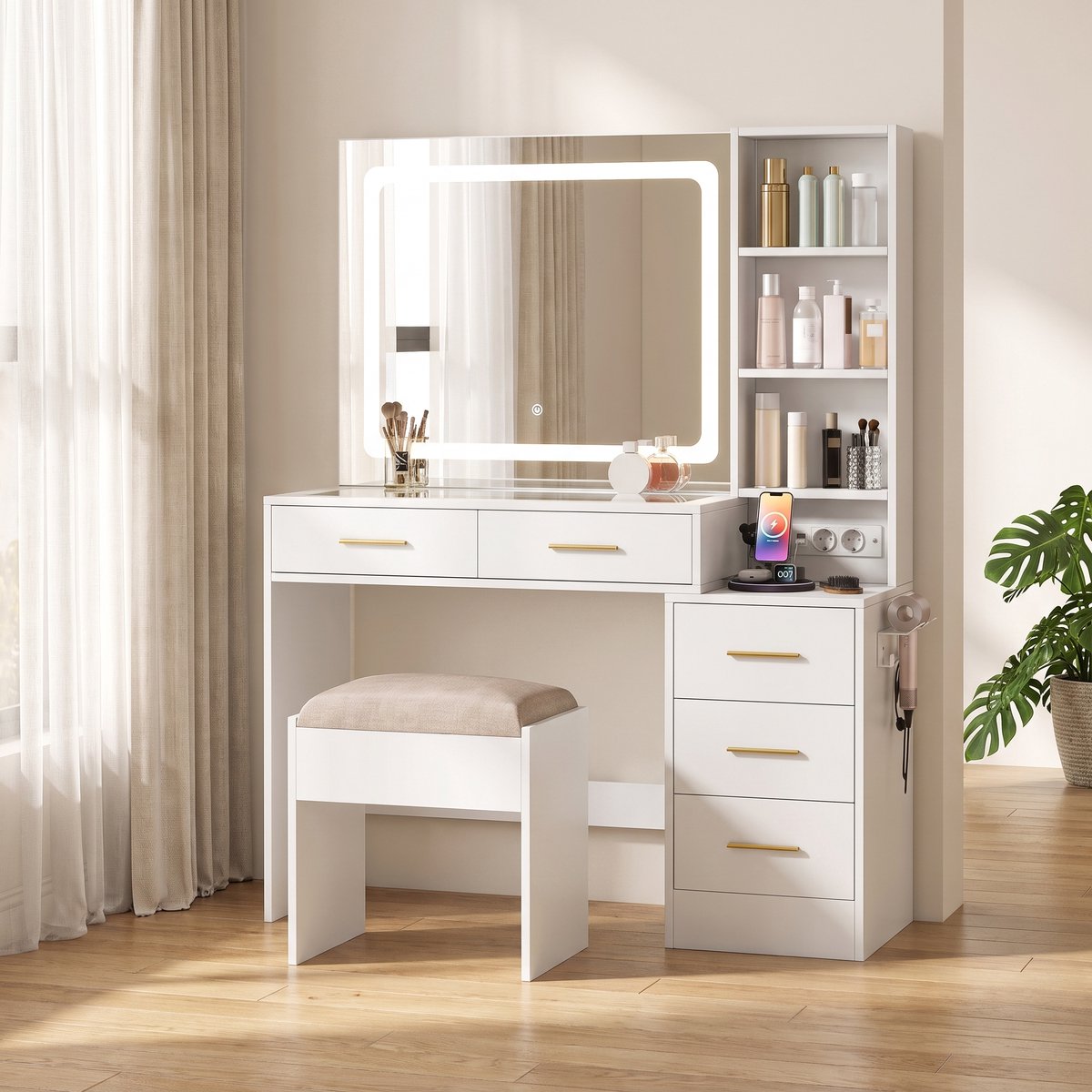 MEXUS Kaptafel, LED-Make-Upspiegel, 5 Lades/Eén Stopcontact, Spiegel, Glazen Tafelblad, 4 Open Schappen Föhnhouder, Gestoffeerde Kruk Perfect voor Dagelijkse Verzorging Opbergruimte (Wit)