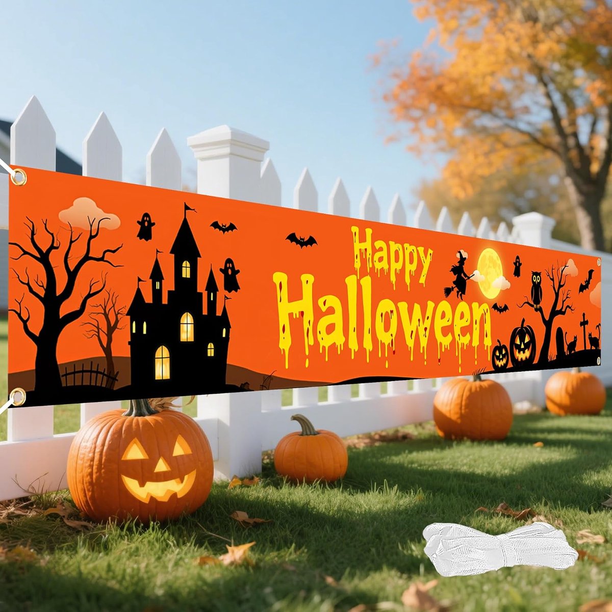 KZQ Halloweenversieringen - Lange Halloweenbanners - Stoffen banners - Muurbanners - Halloween muur- en tafeldecoraties - Met 10 meter wit lint - 120x20 in - Oranje