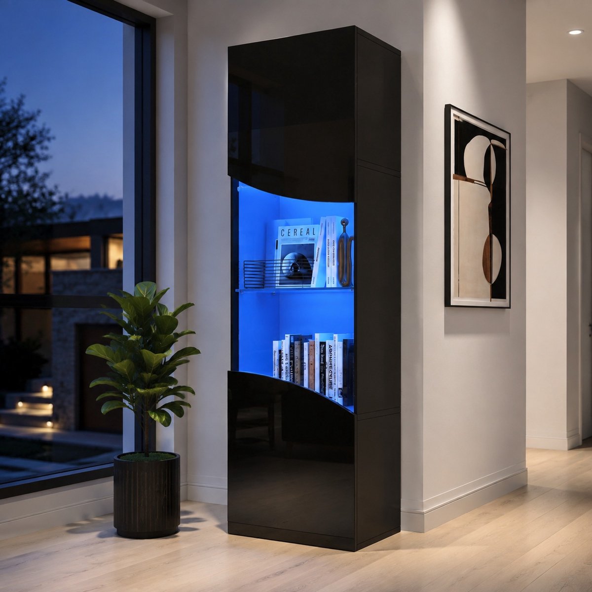 DESMIU Vitrinekast - Hoogglans Zwart Met Ledverlichting - Voor Woonkamer, Hal Of Slaapkamer - Spaanplaat En Glas - 35 X 50 X 165 Cm