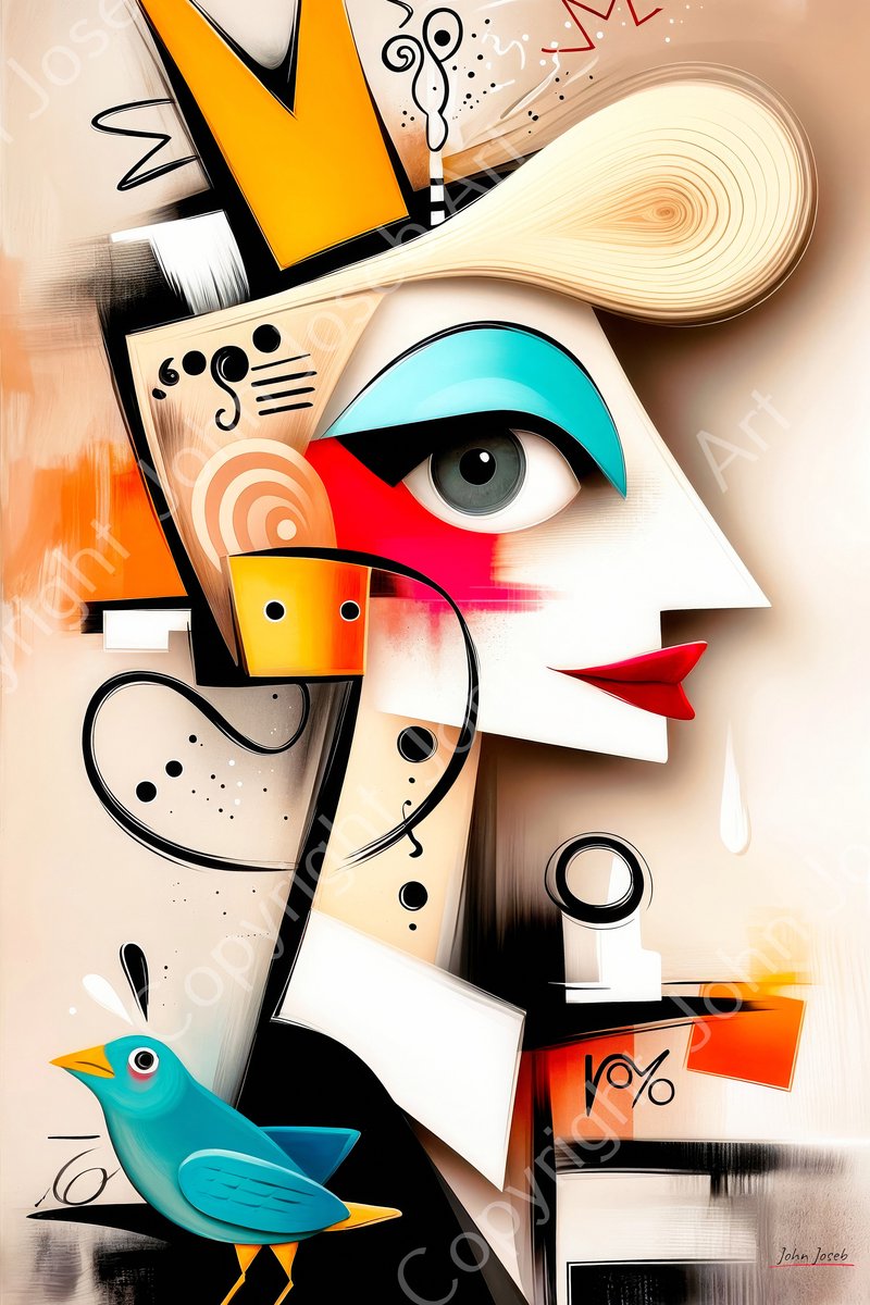 John Joseb Art (Glas) 120x80 | De koningin, vrouw, gek grappig, vogel, portret, abstract in Herman Brood / Picasso stijl, kunst, mens, rood, blauw, oranje, modern | Foto-schilderij-glasschilderij-acrylglas-acrylaat-wanddecoratie