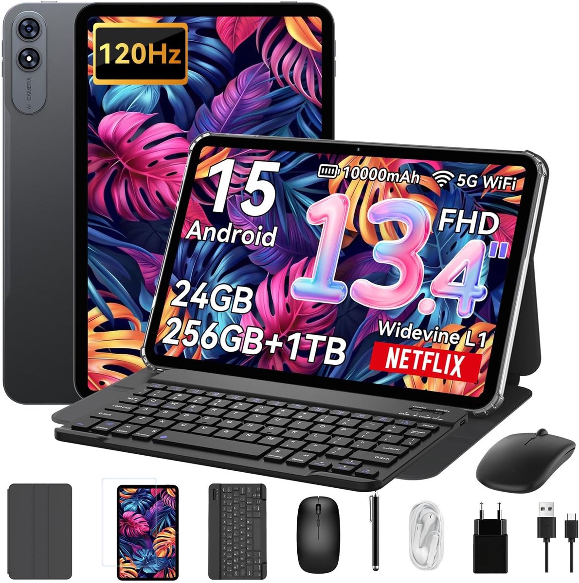 VekfulPC T60 Pro Tablet - 24GB RAM - 256GB ROM - 10000 mAh - 13.4 Inch FHD Tablet - Android 15 - SD 2TB - 5G WIFI - Grijs