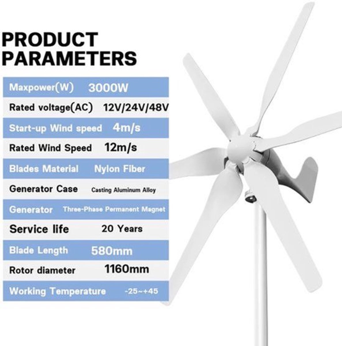 12V Windmolen Generator – Windturbine – Windenergie Generator – Windkracht Turbine – Windmolen Systeem – 3000W Vermogen – MPPT-Regelaar Voor Maximaal Rendement