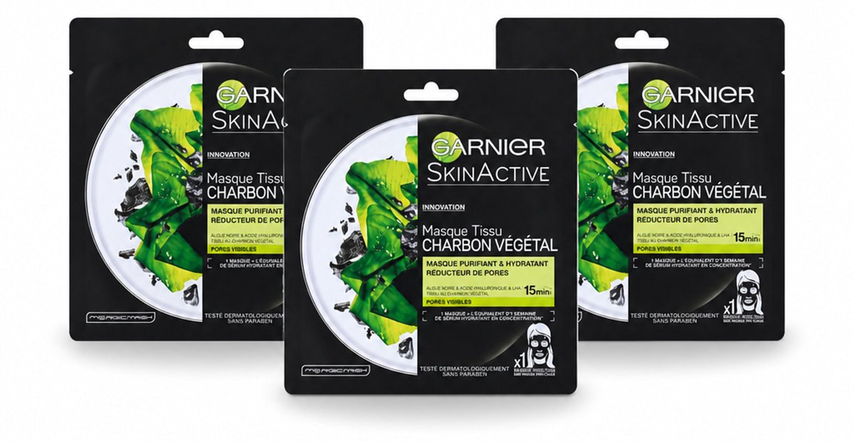 3 x Garnier - SkinActive - Tissue Masker - Charcoal - 1 Gezichtsmasker - Bulkverpakking - 3 stuks