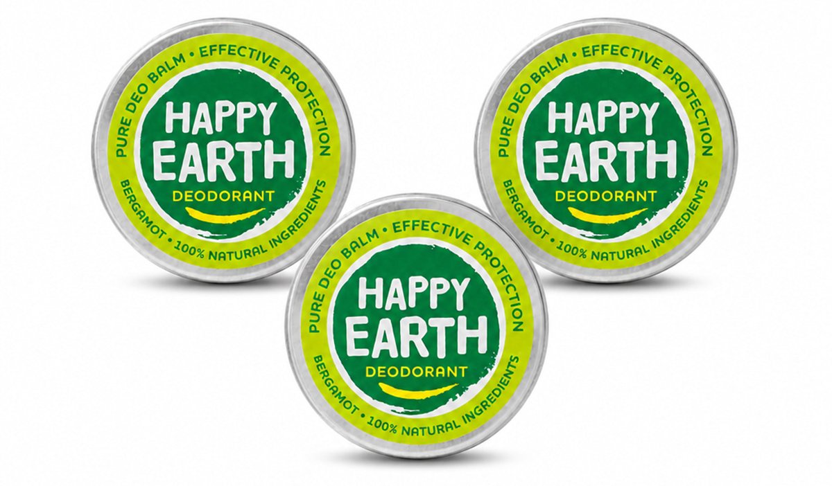 3 x Happy Earth – Deodorant Balm – 100% Natuurlijk Bergamot – 45 g - Voordeelverpakking - 3 stuks