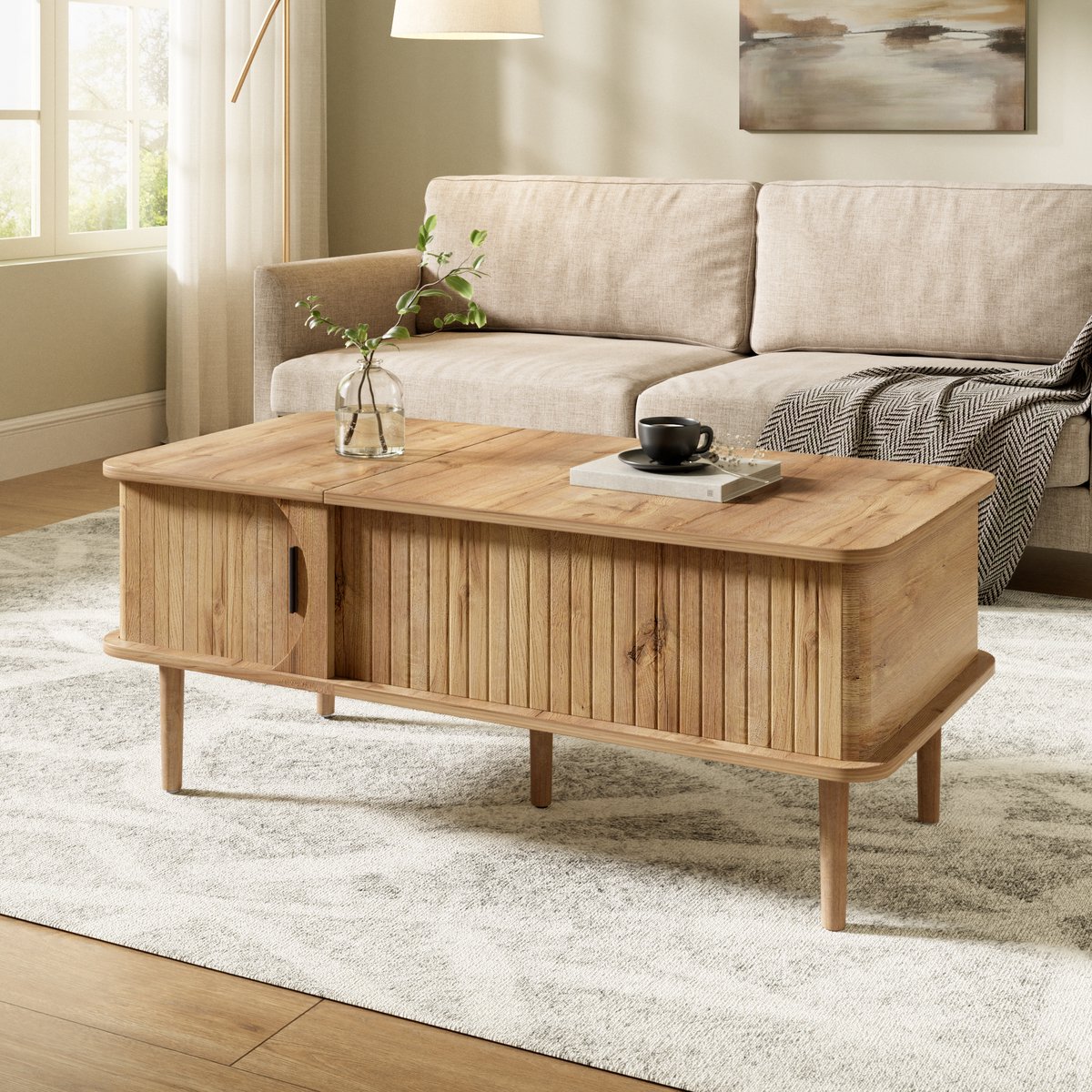 REDOM - Salontafel - Hoogteverstelbaar tafelblad - Uitschuifbaar - Schuifdeur met opbergruimte - Retro & Vintage - MDF - Houtkleur - 100 x 48 x 55,5 cm