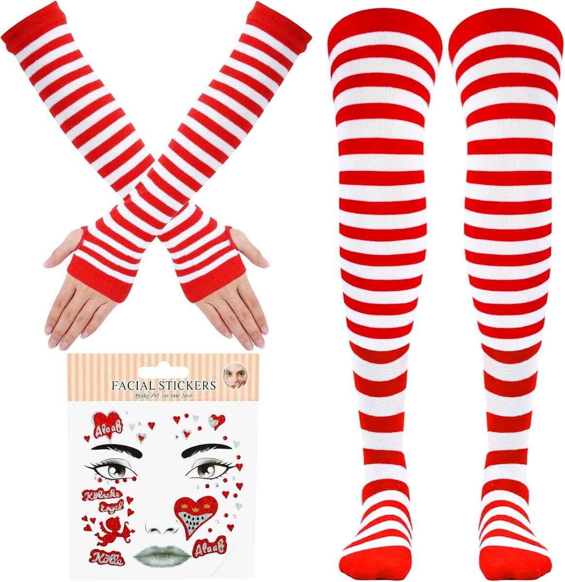 Carnaval Kostuum Accessoires voor Vrouwen: Overknee Kousen, Gestreepte Handschoenen, Haarband en Hart Zonnebril