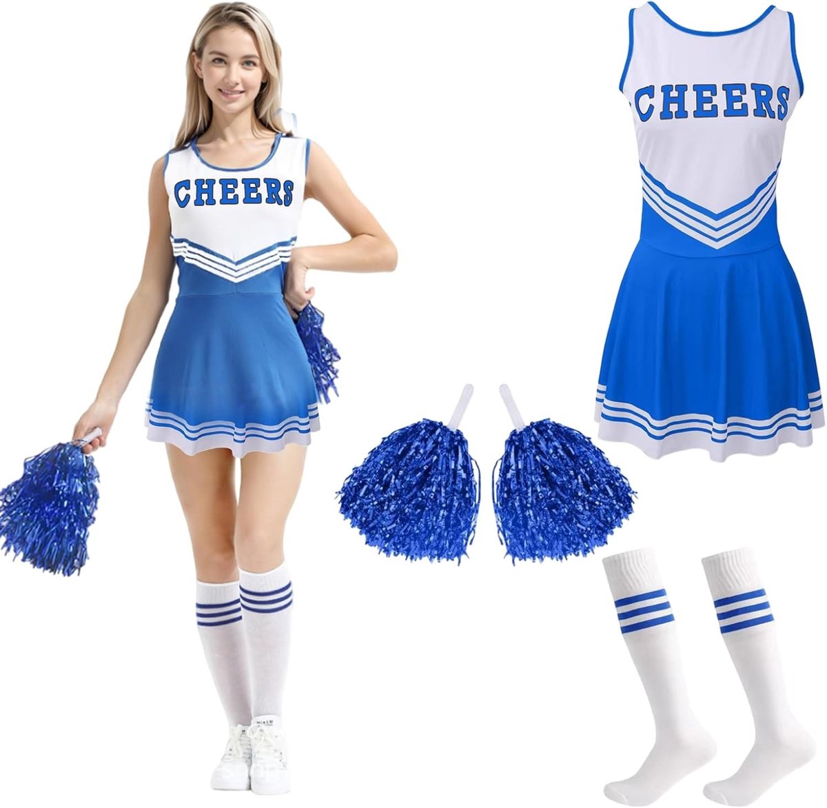 Cheerleader Kostuum voor Vrouwen en Meisjes met Pompoms, Perfect voor Feestjes en Sportevenementen, Inclusief Uniform en Accessoires