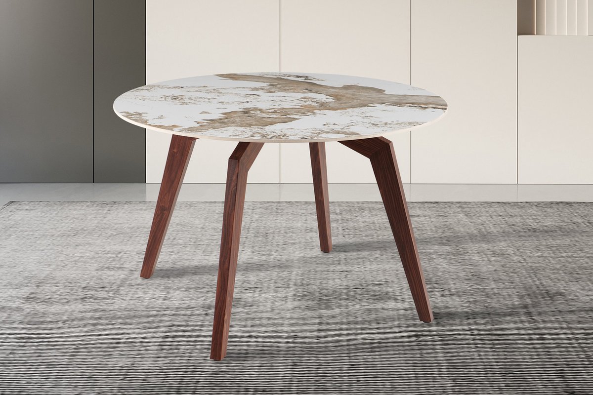 Rousseau Eettafel Alma Rond Ø120 cm – Glanzende Marmer Look – Walnoot Onderstel beige