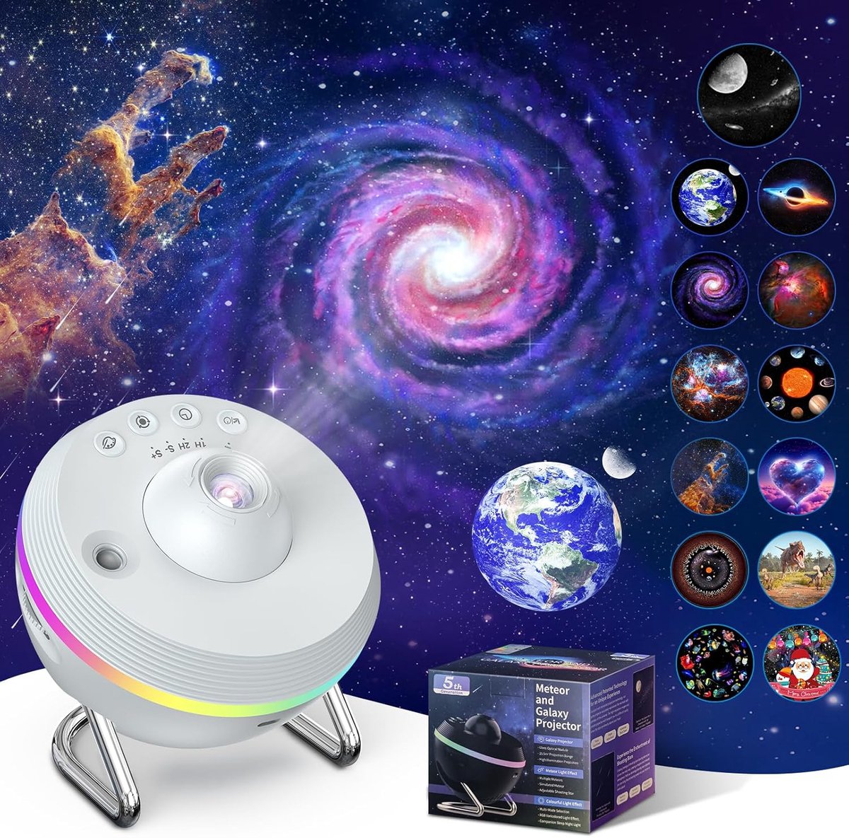 Galaxy Star Projector -13-in-1 planetariumprojector, plafondlamp met ruimtenevels en sterrenhemel, nachtlampje met lichtstrip en dynamisch meteooreffect. Home theater woonkamer decoratie (Wit)