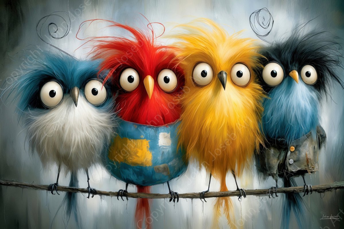John Joseb Art (Glas) 120x80 | Grappige gekke vogels op een tak, kleurrijk, humor, kunst, bolle ogen, dier, vogel, geel, rood, blauw, modern | Foto-schilderij-glasschilderij-acrylglas-acrylaat-wanddecoratie