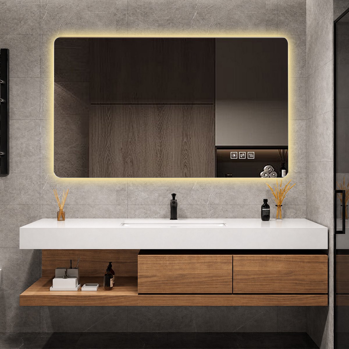 LED-badkamerspiegel van 60 x 100 cm met achtergrondverlichting, anti-condenslaag, 3 lichtkleuren, traploos dimmen, geheugenfunctie, IP44 waterdicht, horizontaal en verticaal te monteren.