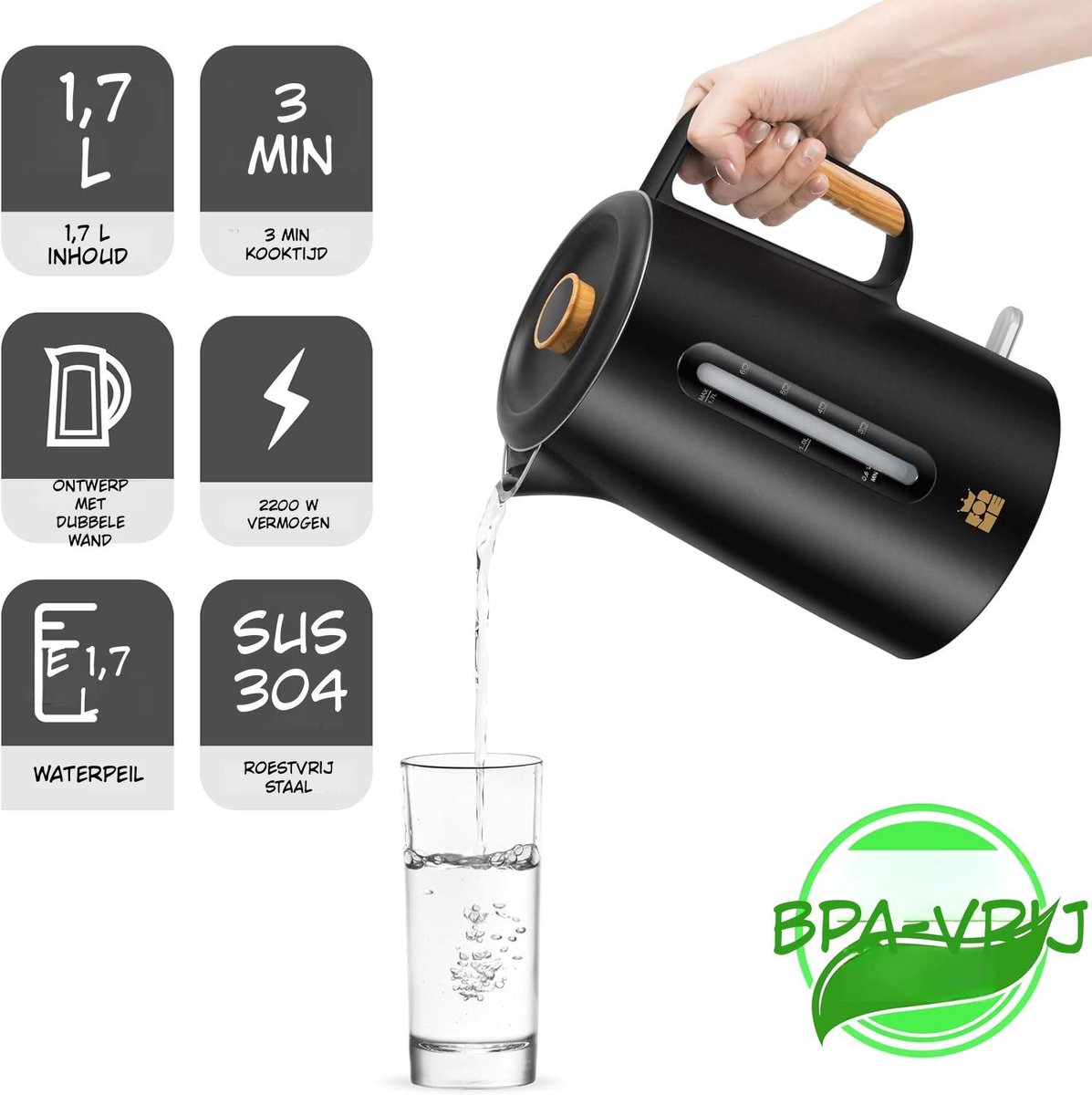 Kavora Waterkoker - 1.7 Litre - RVS Waterkoker - Met Afneembaar Deksel - Zwart - 20cm x 16cm x 20cm