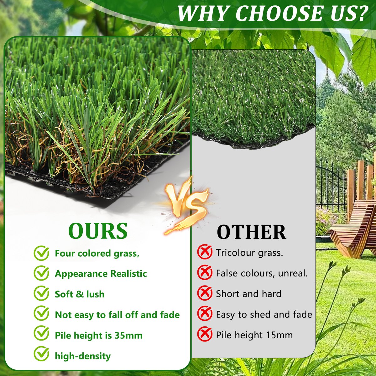 Kunstgras Rol – 35 mm Poolhoogte – 2 x 4 m – PE en SBR – Groen – Voor Tuin, Balkon en Terras – Met Drainage