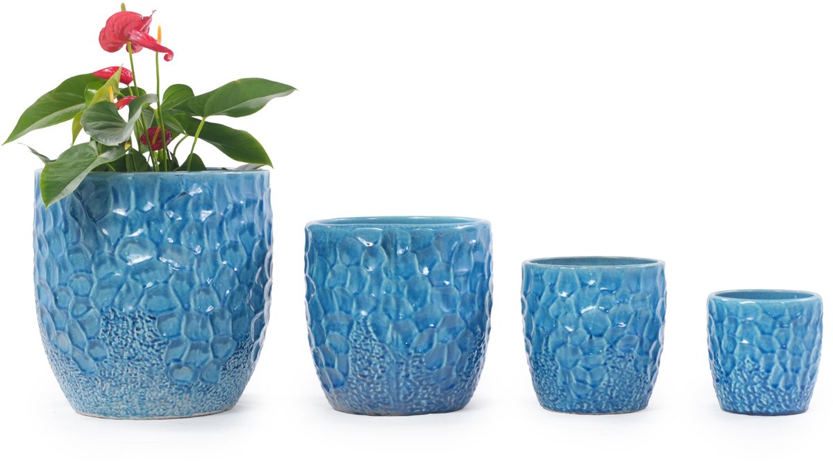 Bloempot Met Drainagegat – Diameter 18 Cm – Keramiek – Blauw – Hamerslagreliëf Voor Kleine Planten