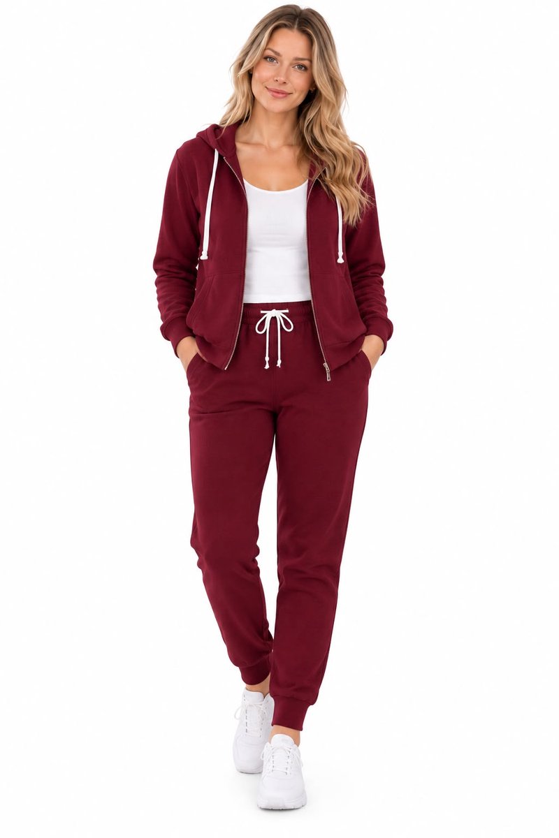 Dames Pluchtige Fleece Lounge Set-Dames-Hoodie met capuchon-Rits-Joggingpak-Huispak-S/M(36/38) NGHP-W26002 Bordeaux pak