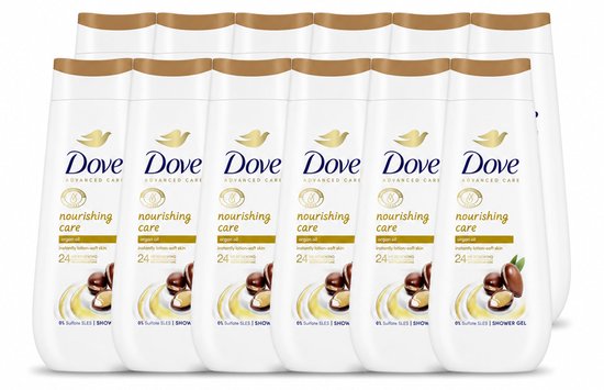 Voordeelverpakking met 12 flessen Dove Nourishing Care douchecrème met arganolie en gouden doppen.