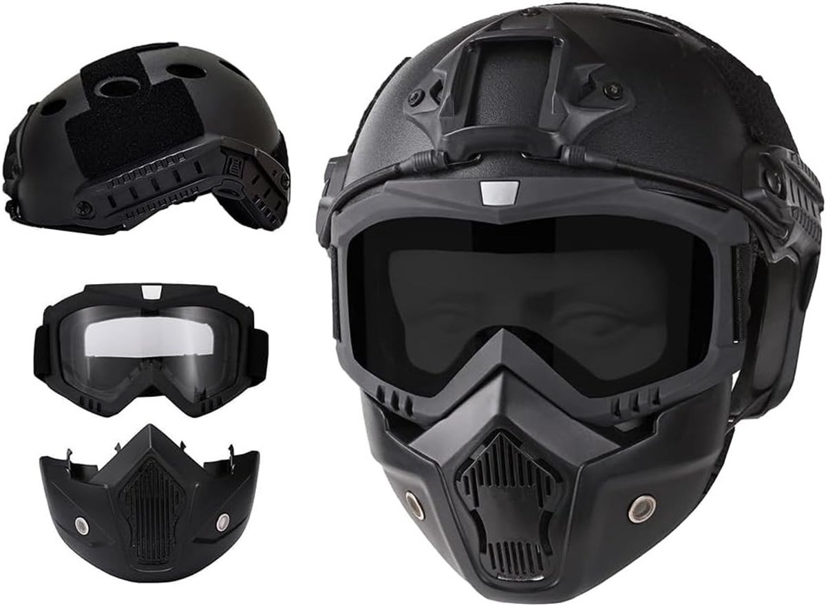 Airsoft masker - Zwart - Tactische Helm met Afneembare Bril en Volgelaatsmasker - ABS en EPP - Voor Outdoor Spellen