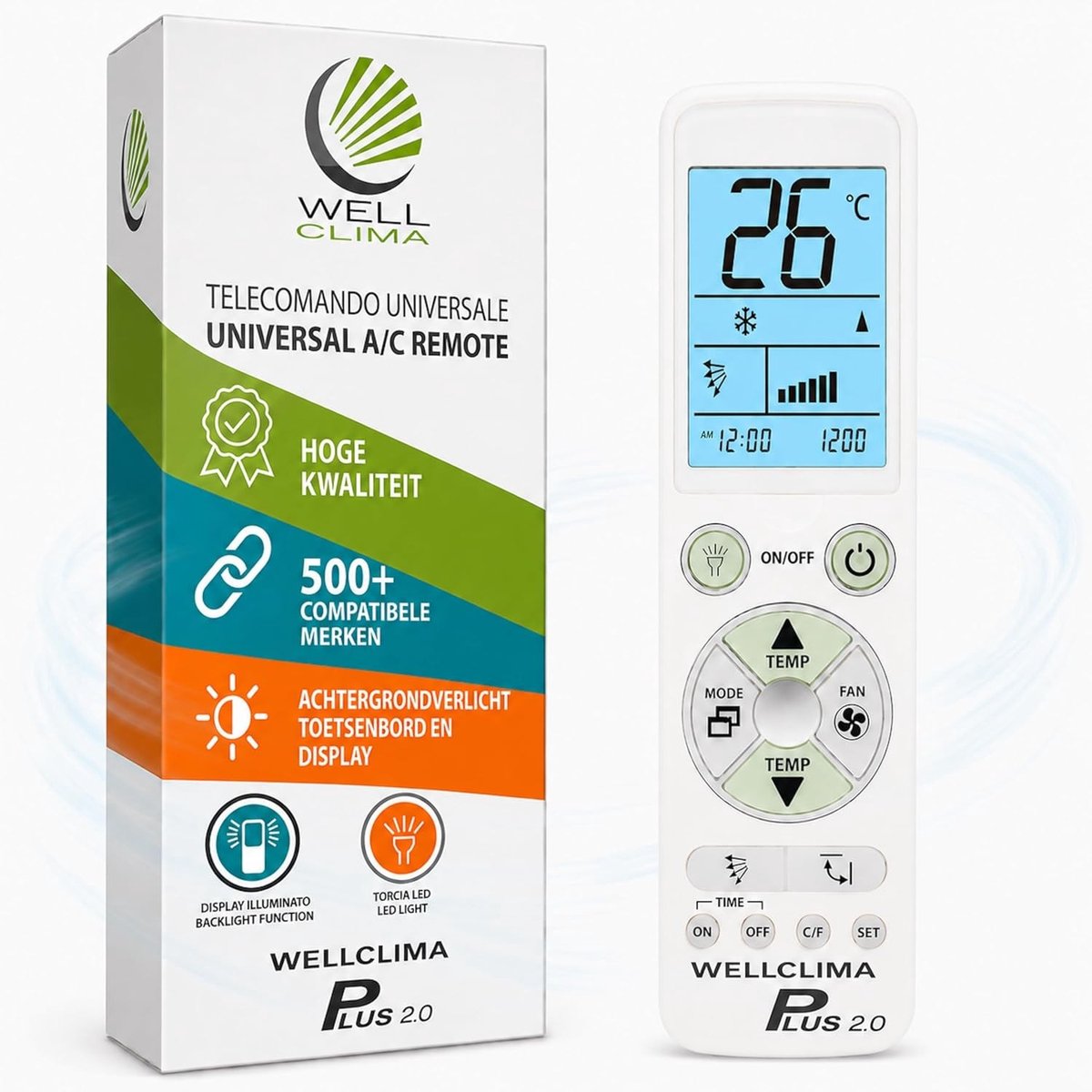 Universele afstandsbediening airco - Zwart - 15 x 5 x 2 cm - Met achtergrondverlicht display en LED-zaklamp - Voor vaste split-airconditioners