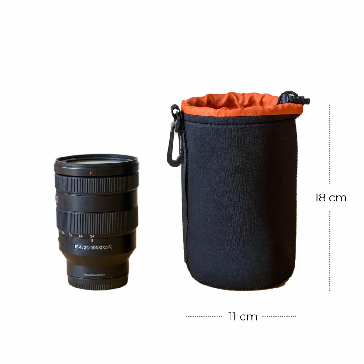 MobileCreation Beschermhoes voor Cameralens - Maat L - Neopreen Zwart met Oranje Binnenkant - Waterafstotend met Trekkoord en Clip - Binnenmaat 9 x 16 cm