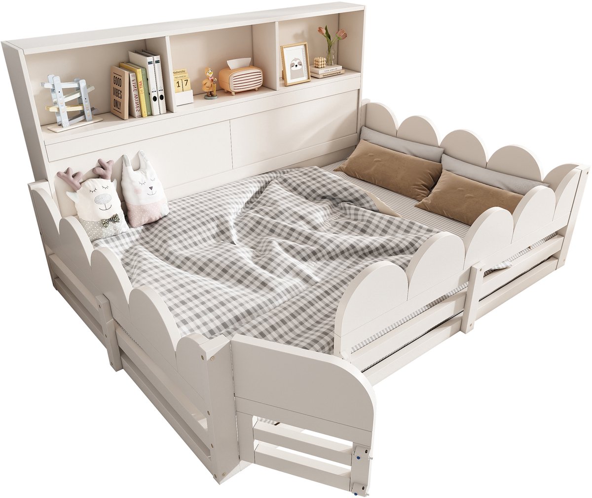 COVREO Kinderbed met uitvalbeveiliging en deur – 205x162x85 cm – Houten bed met lattenbodem en plankvak – voor kinderen en samen slapen – Wit - zonder matras