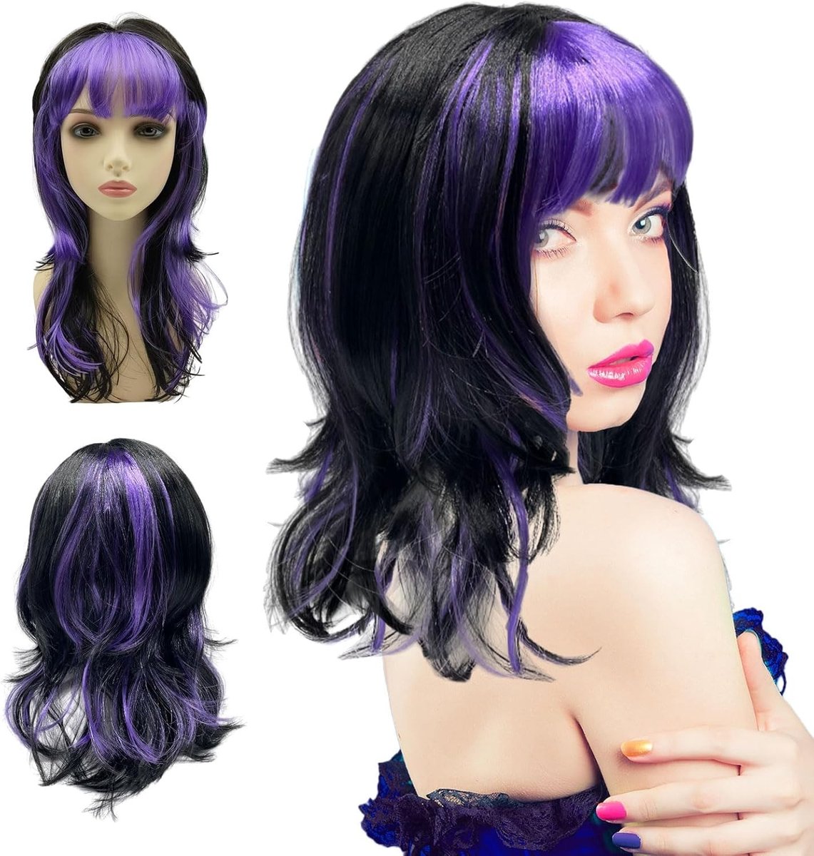 Langpaarse Zwarte Heksenperruque voor Dames - Lange Krullende Haarstijl voor Halloween en Fancy Dress Feestjes, Perfecte Accessoire voor Heksenkostuum en Maskerade Party