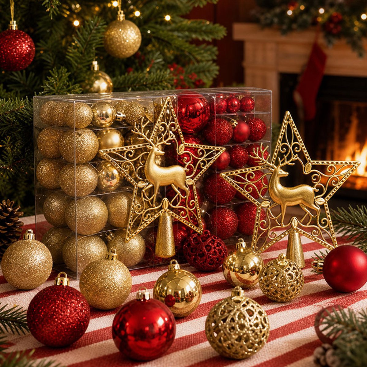 101-Delige Kerstballen Set Rood & Goud - Complete Kerstboomversiering - Onbreekbare Kerst Ornamenten in Verschillende Maten & Designs