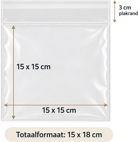 Transparant zakje van 15x15 cm met 3 cm plakrand. Totaal formaat 15x18 cm.